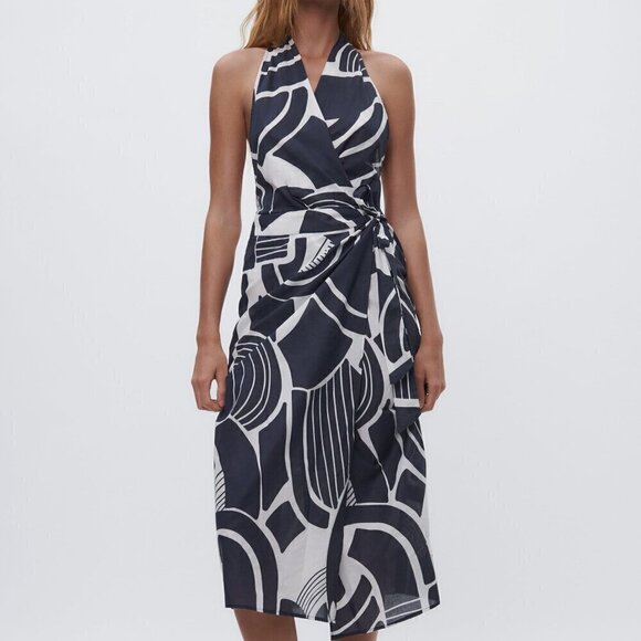 New Zara The Nicole Printed Halter Wrap Navy/White Midi Dress NWT - Picture 1 of 12